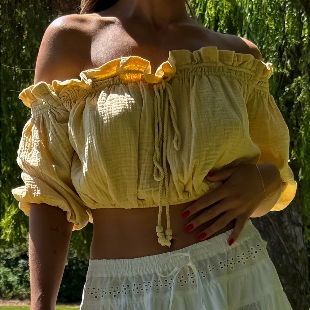 Off-Shoulder Yellow Cropped Peasant Top